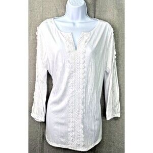 Carolyn Taylor Women's Long Sleeve Lace Trimmed Boho Blouse Size XL White